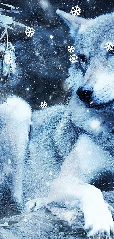 Mystical wolf resting in a snowy blue forest setting for mobile wallpaper.