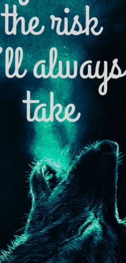 Dark mystical wolf with inspirational quote in teal tones.