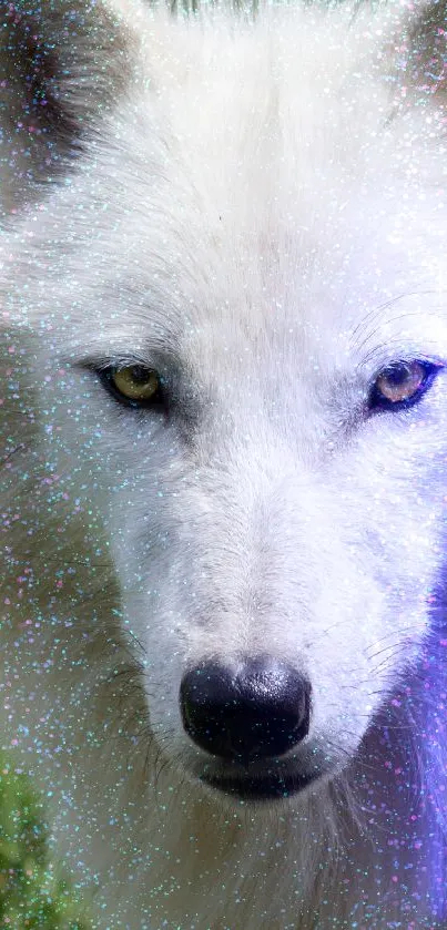 Mystical white wolf with sparkling effects on phone wallpaper.