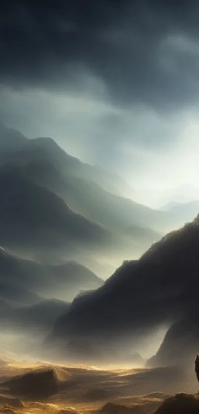 A mystical wolf standing by a mountain range under a dark, atmospheric sky.