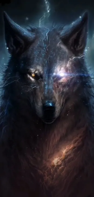 Mystical wolf with glowing eyes and lightning effects in a dark theme.