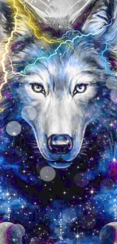 Mystical wolf art with lightning and cosmic background.