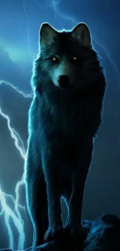 A mystical wolf standing under lightning in a dark, stormy setting.