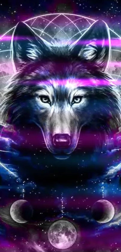 Mystical wolf with lunar phases and cosmic background.