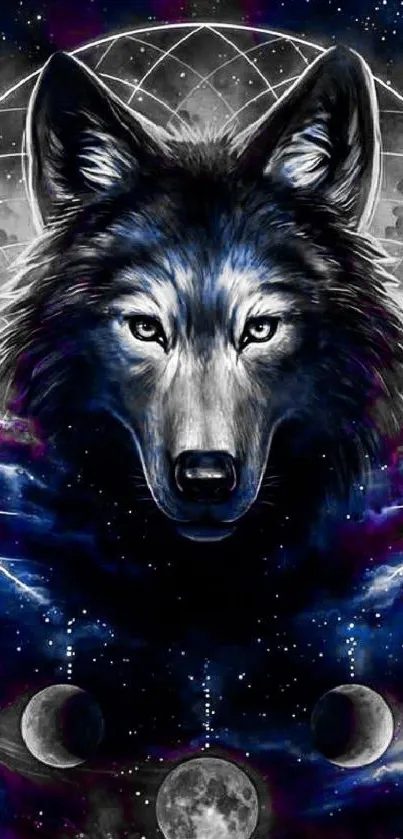 Mystical wolf with cosmic and lunar art elements in a mobile wallpaper.