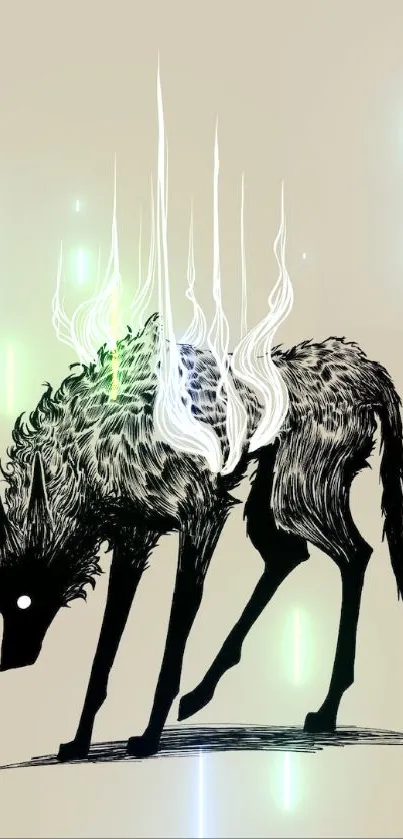 Abstract wolf with white flames on beige background.