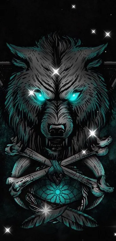 Mystical wolf with glowing eyes wallpaper art.