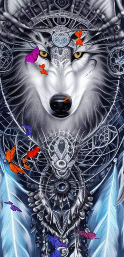 Mystical wolf with dreamcatcher and butterflies mobile wallpaper.