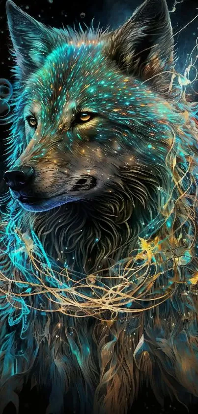 Mystical wolf with ethereal blue and gold accents on a mobile wallpaper.