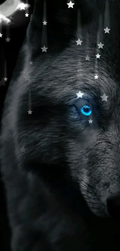 Mystical wolf with blue glowing eye in dark background wallpaper.