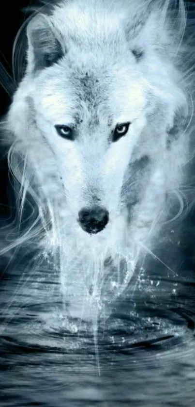 Ethereal white wolf walking through mystical water.