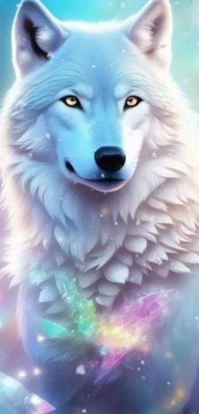Mystical white wolf with icy blue aura in fantasy setting.