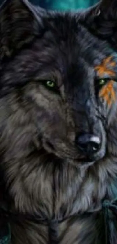 Mystical wolf art wallpaper with dark hues and vibrant highlights.