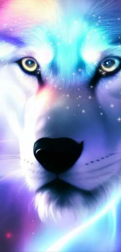 Mystical wolf with blue and purple hues, starry details, mobile wallpaper.