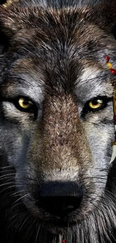 Mystical wolf art with moon and forest in a digital mobile wallpaper.