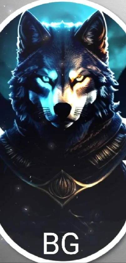 Mystical wolf illustration with blue and black tones.