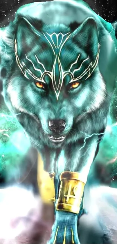 Mystical wolf with cosmic teal aura and glowing eyes in digital art.