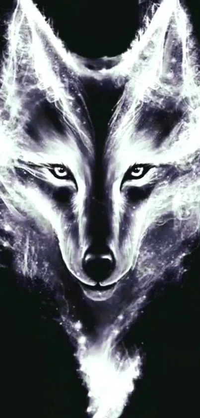 A mystical wolf in black and white design with glowing details.