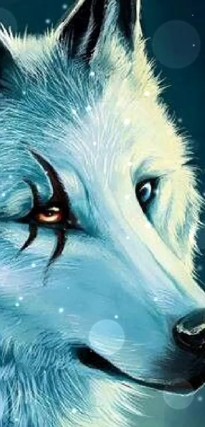 Mystical blue-eyed wolf digital art wallpaper.