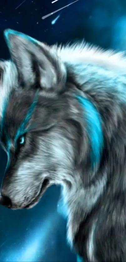 Mystical gray wolf with a blue aura on a mobile wallpaper.