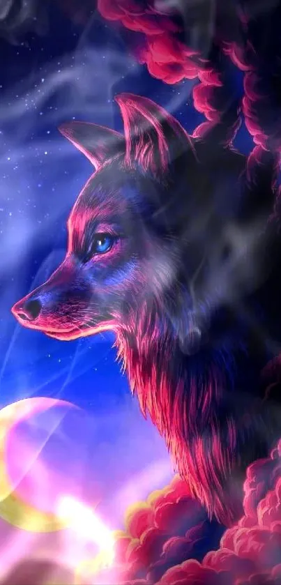 Mystical wolf with crescent moon in vibrant colors on a mobile wallpaper.