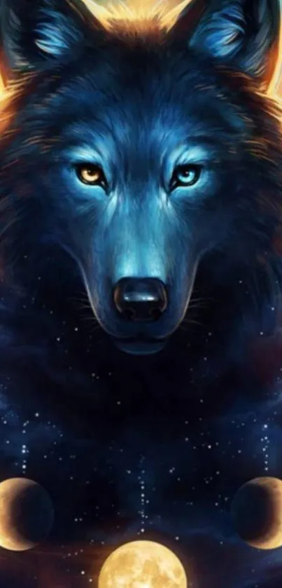 Vibrant blue wolf with celestial moons in a mystical mobile wallpaper.