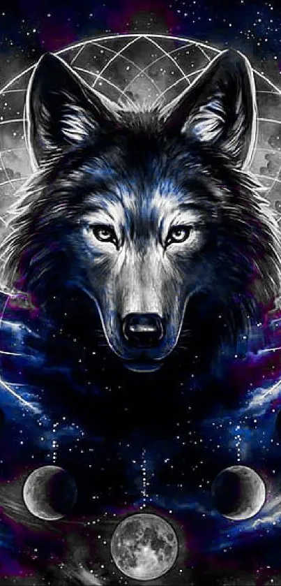 Mystical wolf with moon phases and cosmic background.