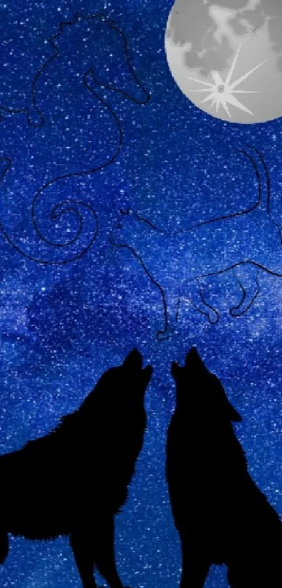 Two wolves howling under a full moon with a starry blue night sky.