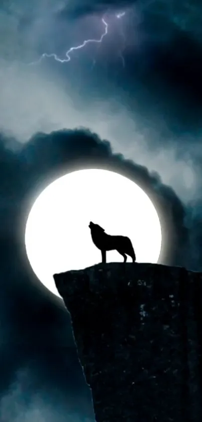 Wolf howling at the moon with dark clouds on a cliff.