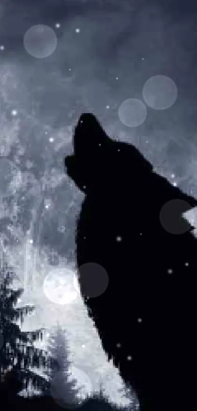 Silhouette of a wolf howling at a full moon in a dark forest.