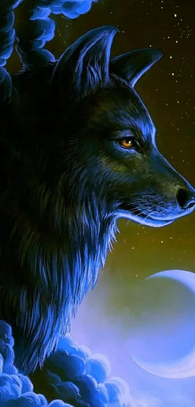 Artistic depiction of a wolf with crescent moon in a dark night sky.