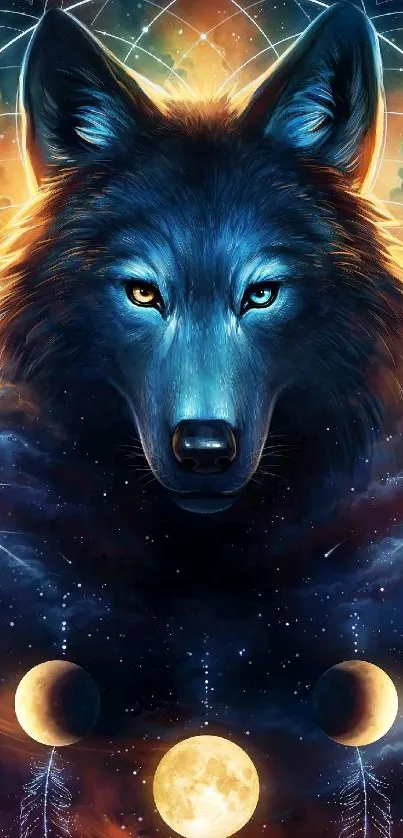 Enchanted mystical wolf with lunar phases in cosmic scene.