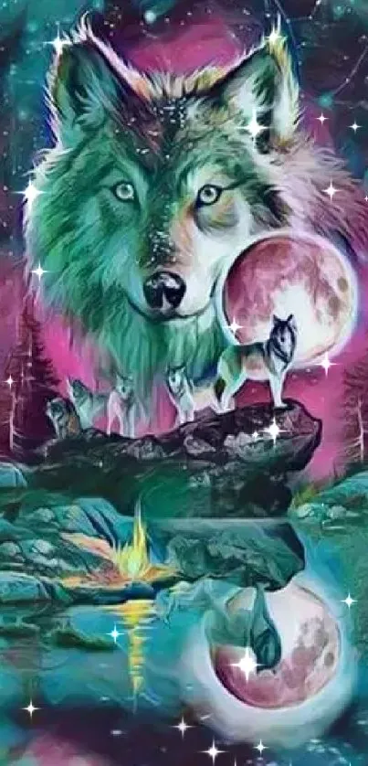 Mystical wolf with moonlit backdrop in vibrant colors.