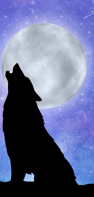 Silhouette of a howling wolf against a full moon with a purple starry sky.