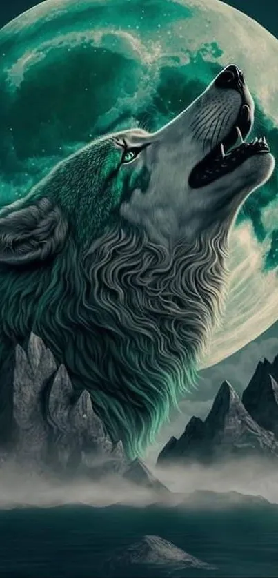 Wolf howling under teal moon with mountains.