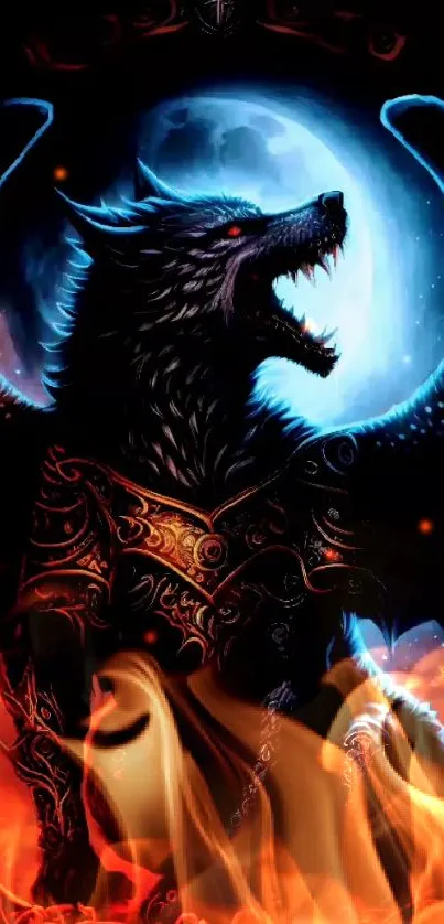 Mystical wolf howling at a glowing moon in a fantasy-themed wallpaper.