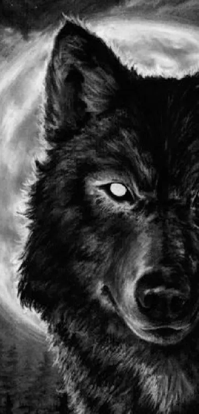 Mystical wolf with glowing eyes under a full moon wallpaper.