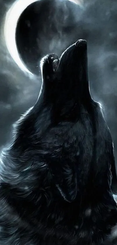 Dark silhouette of a wolf howling under a crescent moon.