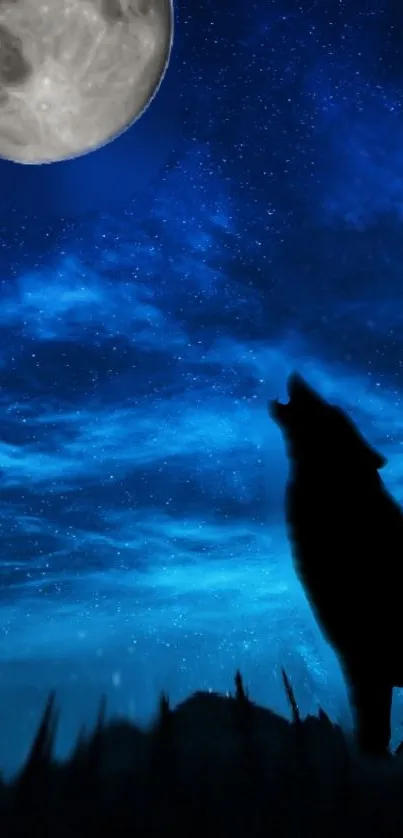 Mystical wolf howling at the moon under a starry blue night sky wallpaper.