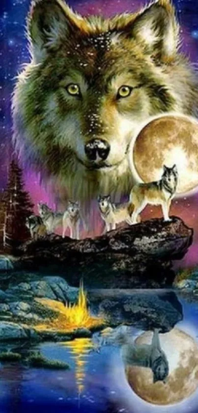 Mystical wolf and moon with celestial night sky.