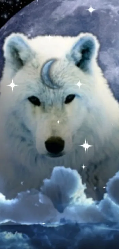 Mystical white wolf against a glowing full moon with clouds in a night sky.