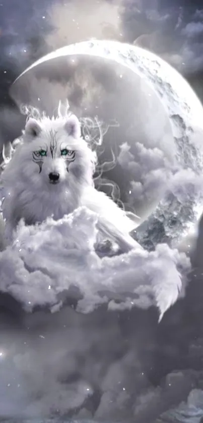 White wolf resting on clouds beneath a glowing moon in a mystical night sky.