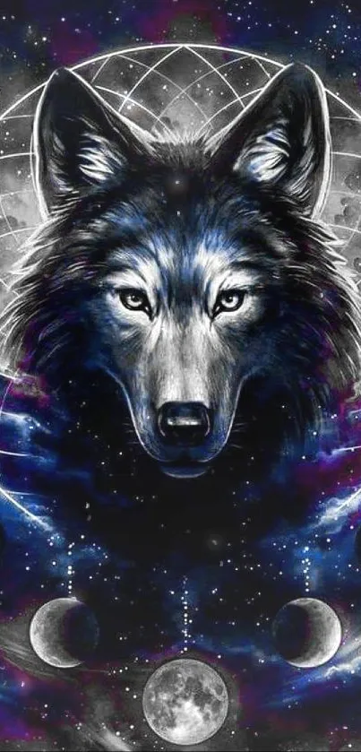 Mystical wolf with moon phases in a celestial night sky design.