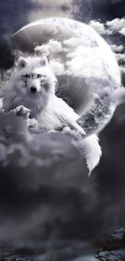 White wolf with moonlit clouds on wallpaper.