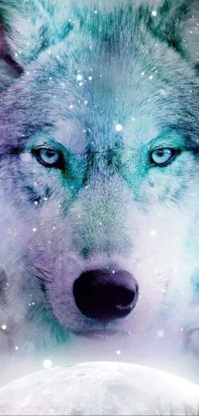 Mystical wolf face with moon and stars in a blue-hued cosmic design.