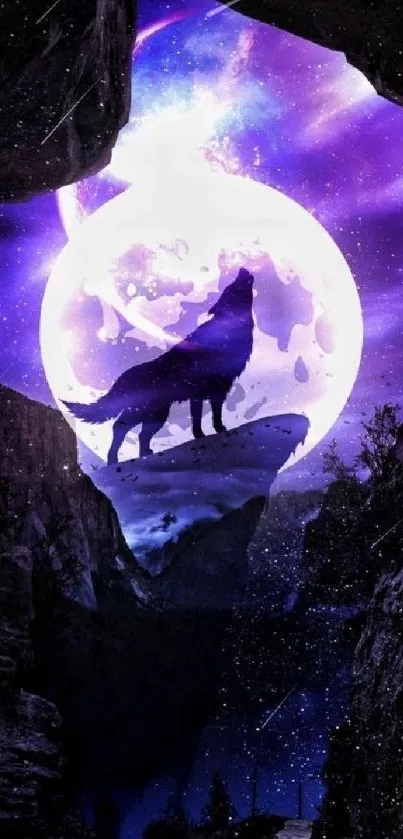 Mystical wolf howling at a glowing full moon in a purple night sky.