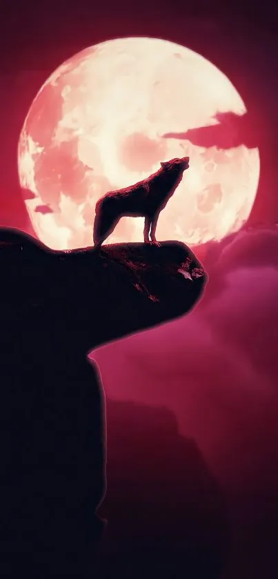 Silhouette of a wolf howling at a full moon in a purple night sky.