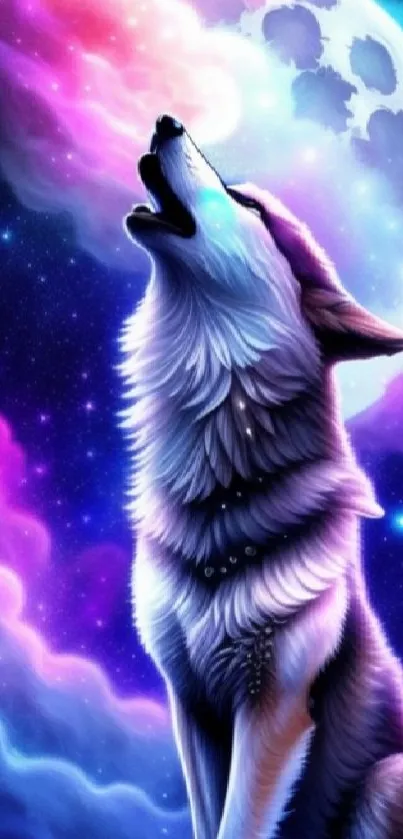 Mystical wolf howling at the moon with a cosmic backdrop.