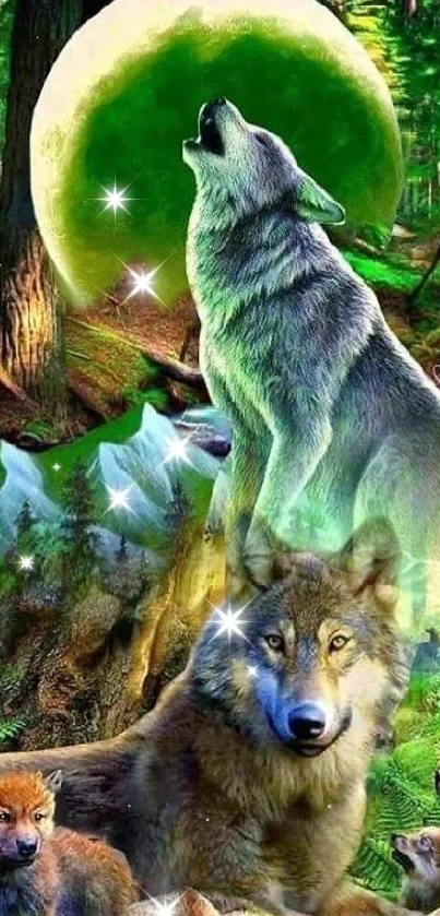 A mystical wolf howling at a green moon in the forest scene wallpaper.