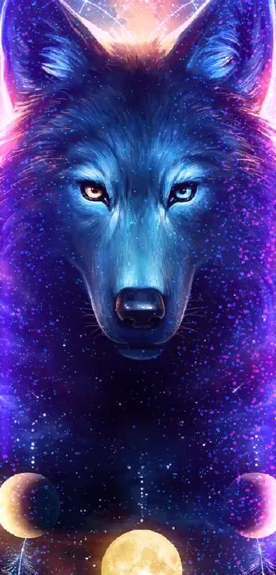 Mystical blue wolf with celestial themes and moon phases in vivid colors.